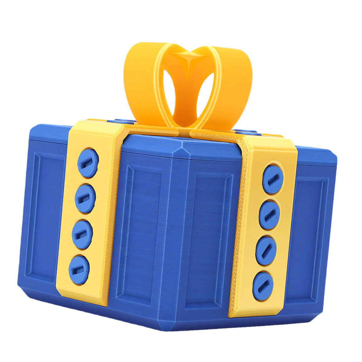 3D printed annoying gift box with nested screws, featuring light gold and blue colors, designed as a funny building toy for kids