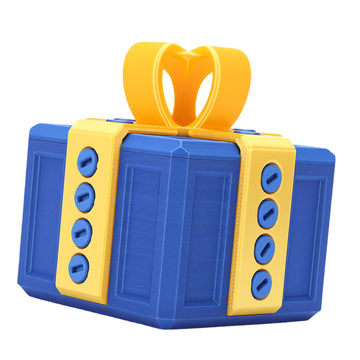 3D printed annoying gift box with nested screws, featuring light gold and blue colors, designed as a funny building toy for kids