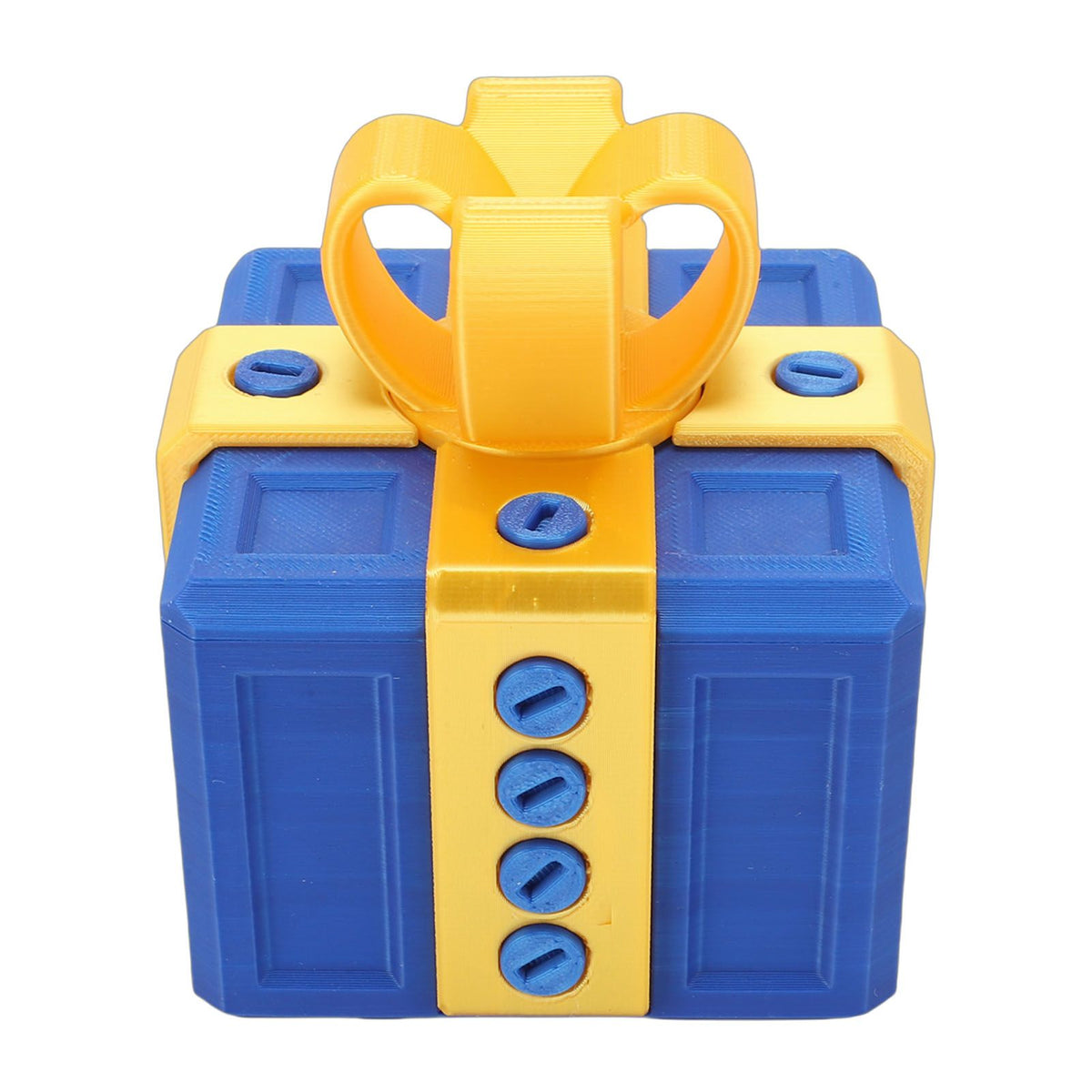 3D printed funny gift box with nested screws in gold and blue, designed as a playful surprise toy for kids and birthdays