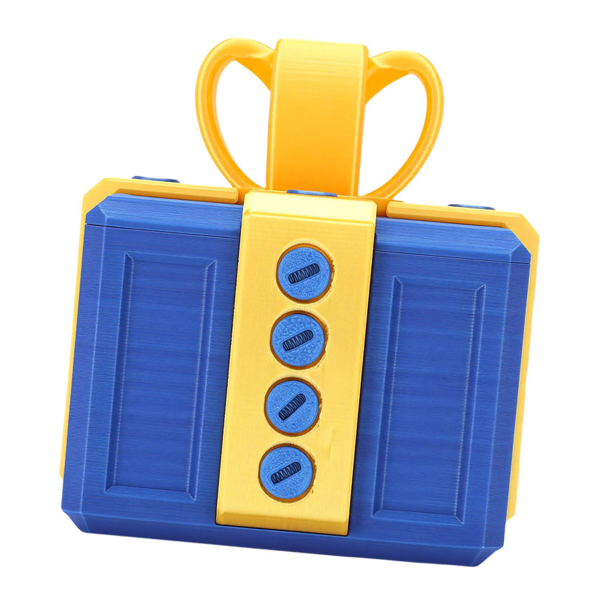 3D printed funny gift box with nested screws, featuring light gold and blue colors, designed as a playful kids' building toy.