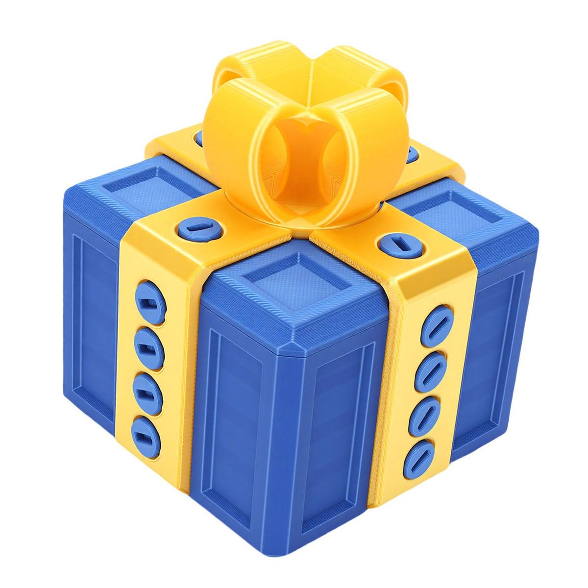 3D printed funny gift box with nested screws, light gold and blue, for birthdays or holidays, designed for kids' building toys.