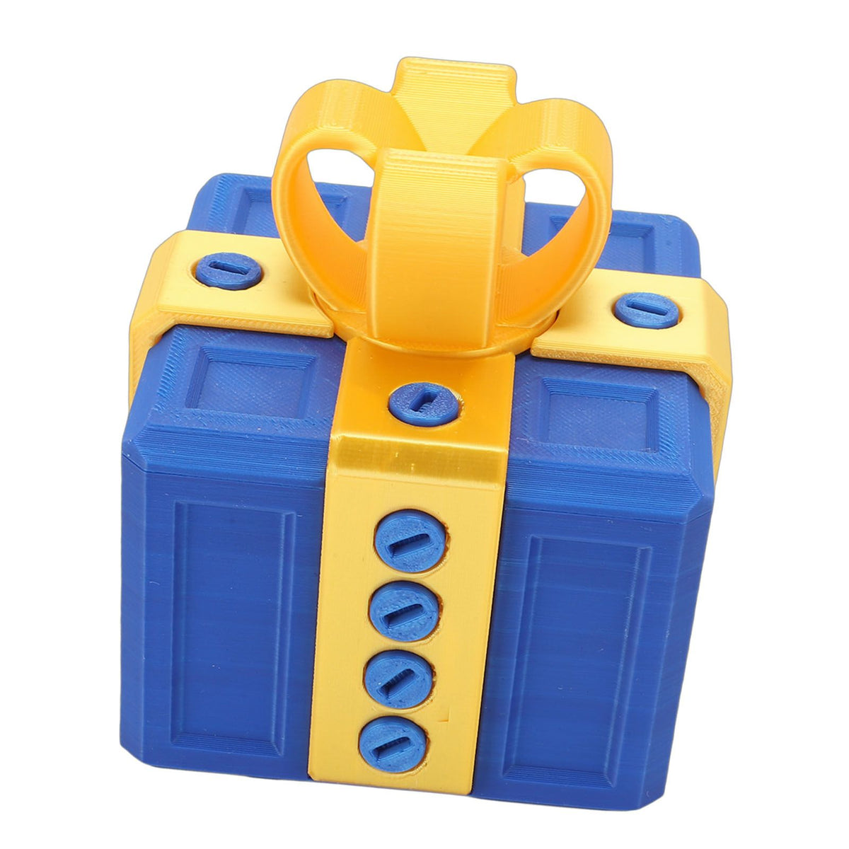 3D printed funny gift box with nested screws, featuring light gold and blue colors, designed for kids' birthday and holiday surprises