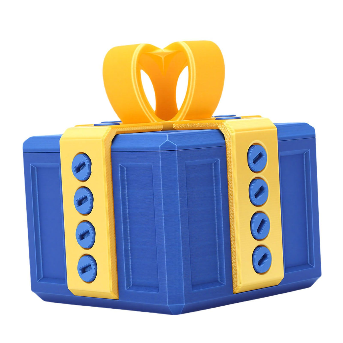 3D printed annoying gift box with nested screws in gold and blue, a humorous surprise toy for kids and birthdays.