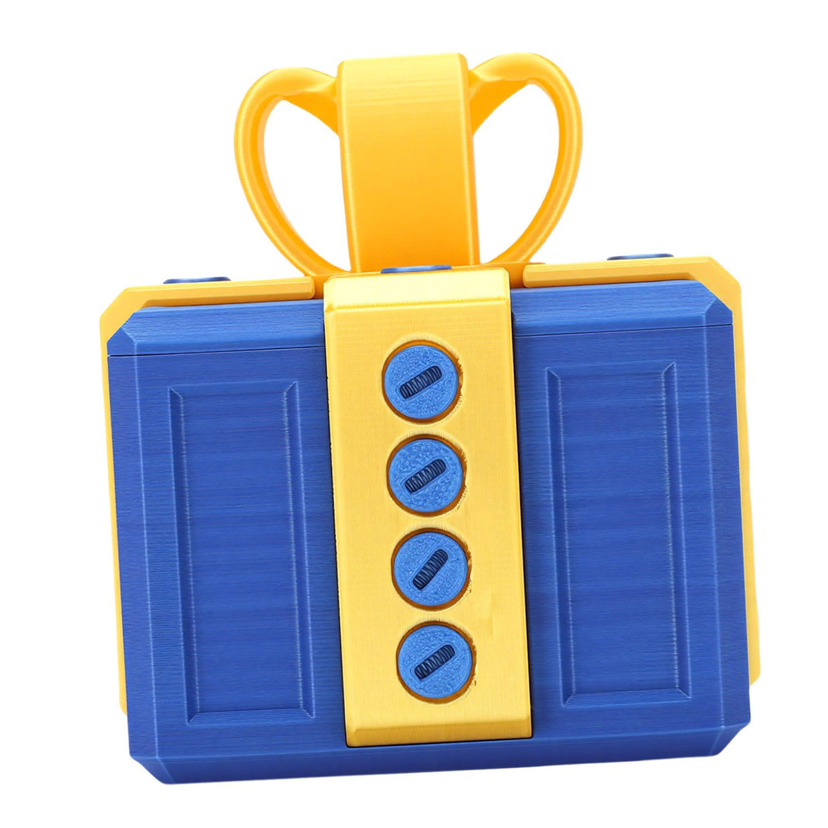 3D printed funny gift box with nested screws in light gold and blue, designed for kids' building toy surprises.