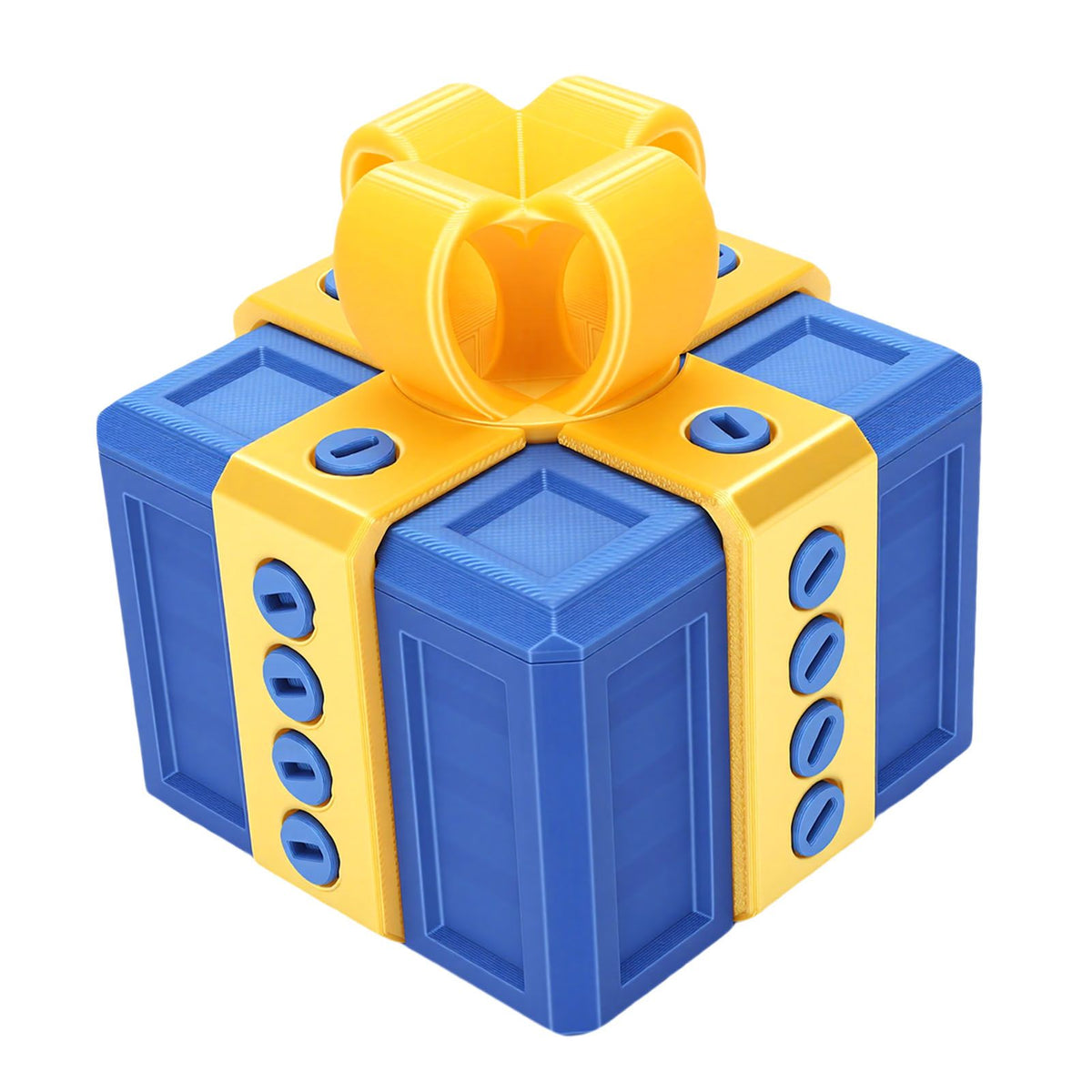 3D printed funny surprise gift box with nested screws, light gold and blue colors, designed for kids' birthday or holiday fun.