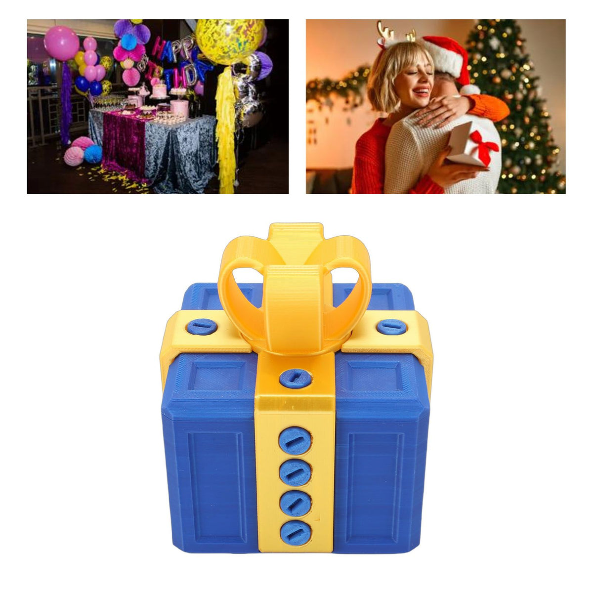 3D printed annoying gift box with nested screws in light gold and blue, designed as a humorous surprise toy for kids.