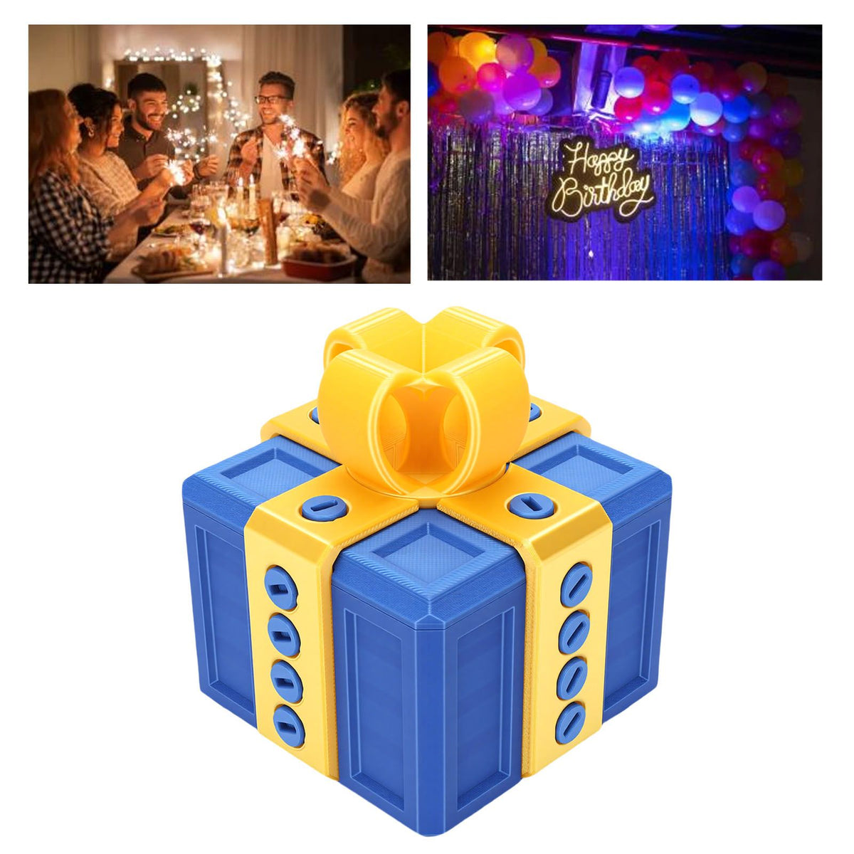 3D printed funny gift box with nested screws, colorful light gold and blue, designed for kids' building toys and playful surprises.