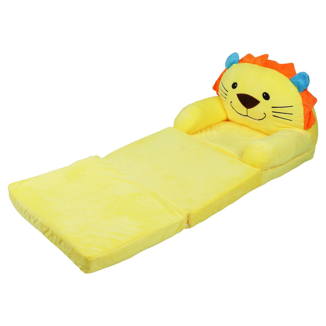 Yellow cartoon animal kids sofa from Everything Baby, foldable toddler chair with wide handle, soft breathable fabric for reading and relaxation.