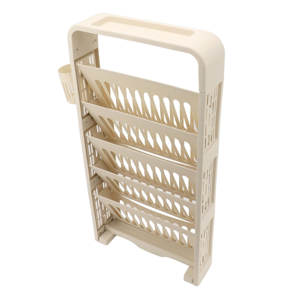 Large cream 6-tier kids' bookshelf by Everything Baby, slim design with rollers for classroom or kids' reading storage.