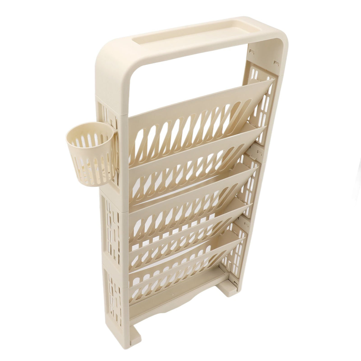 Large cream 6-tier Kids' bookshelf by Everything Baby with rollers, slim design, suitable for classroom or children's reading area.