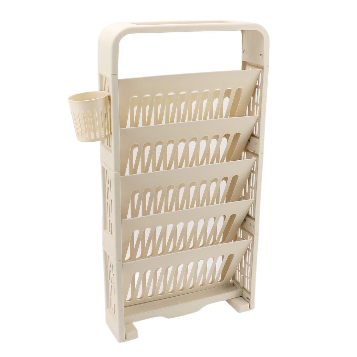 Cream 6-tier kids' bookshelf by Everything Baby, slim multifunctional classroom storage rack with rollers for easy movement.