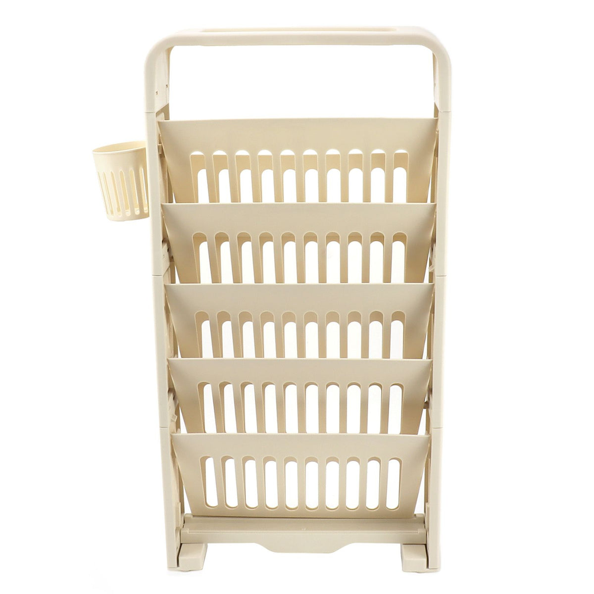 Large cream 6-tier classroom bookshelf by Everything Baby with rollers, ideal for kids' reading and storage in a slim design.