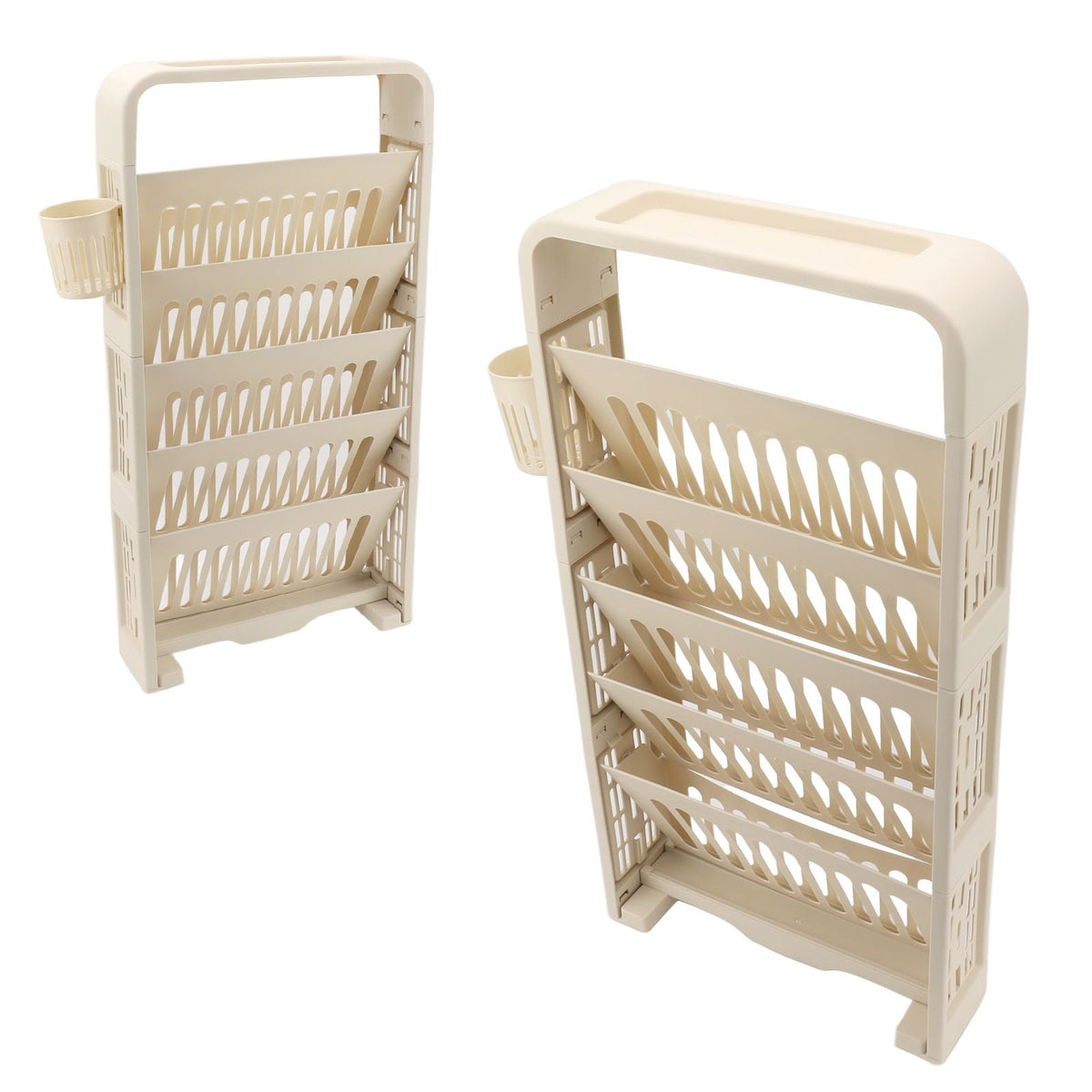 Large cream 6-tier kids' bookshelf by Everything Baby, slim storage rack with rollers for classroom or kid's reading area.