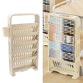 Cream 6-tier kids' bookshelf from Everything Baby with slim design, rollers, and large capacity for classroom or kids' room storage.