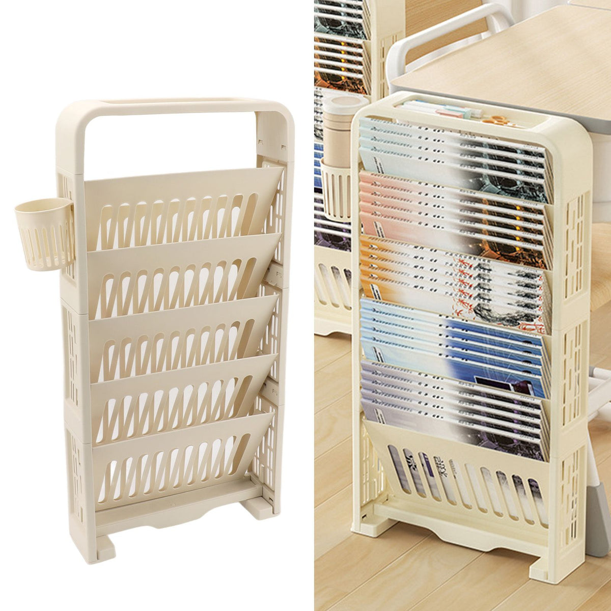 Cream 6-tier kids' bookshelf from Everything Baby with slim design, rollers, and large capacity for classroom or kids' room storage.