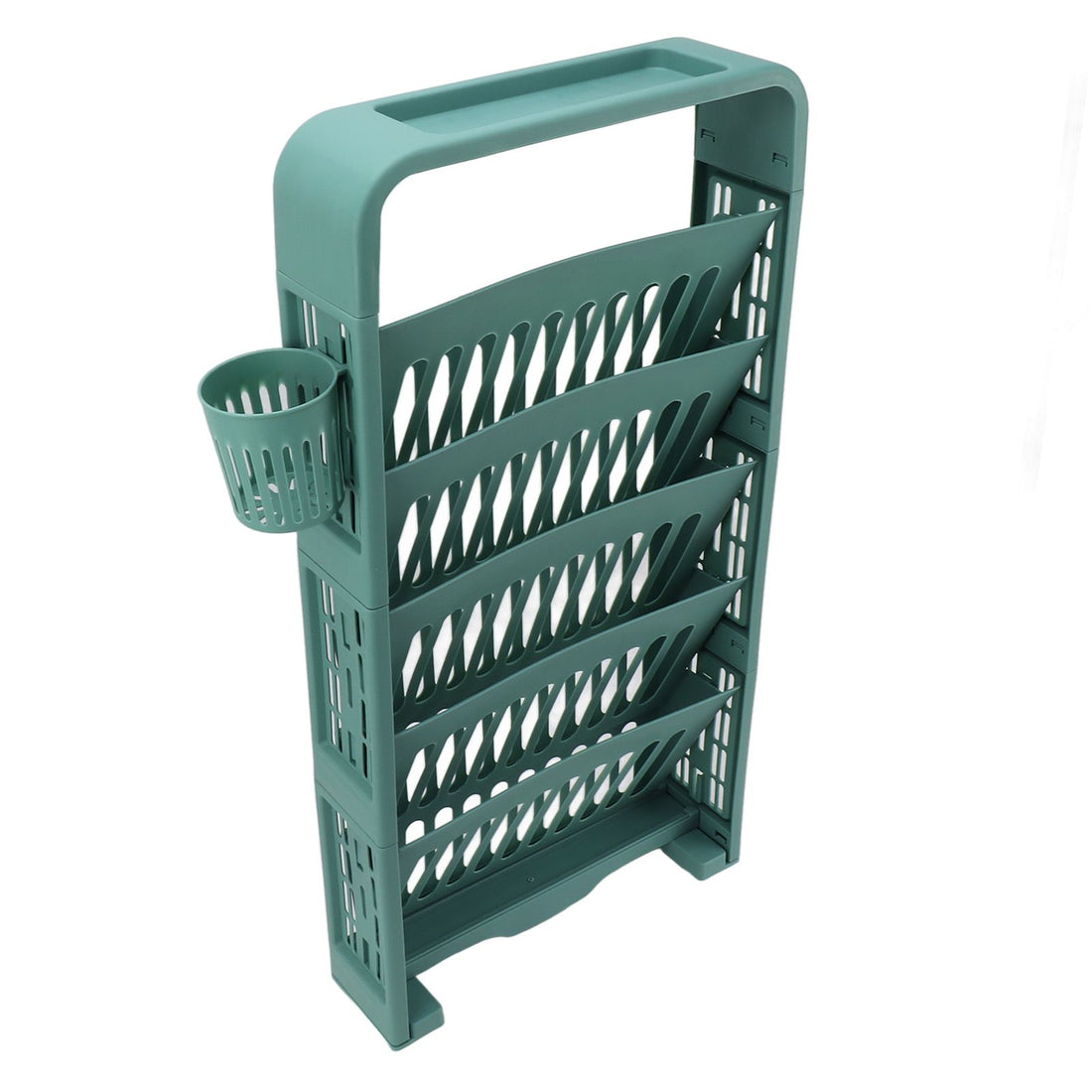Large green 6-tier classroom bookshelf by Everything Baby with rollers, slim design, and ample storage for kids' books and toys.