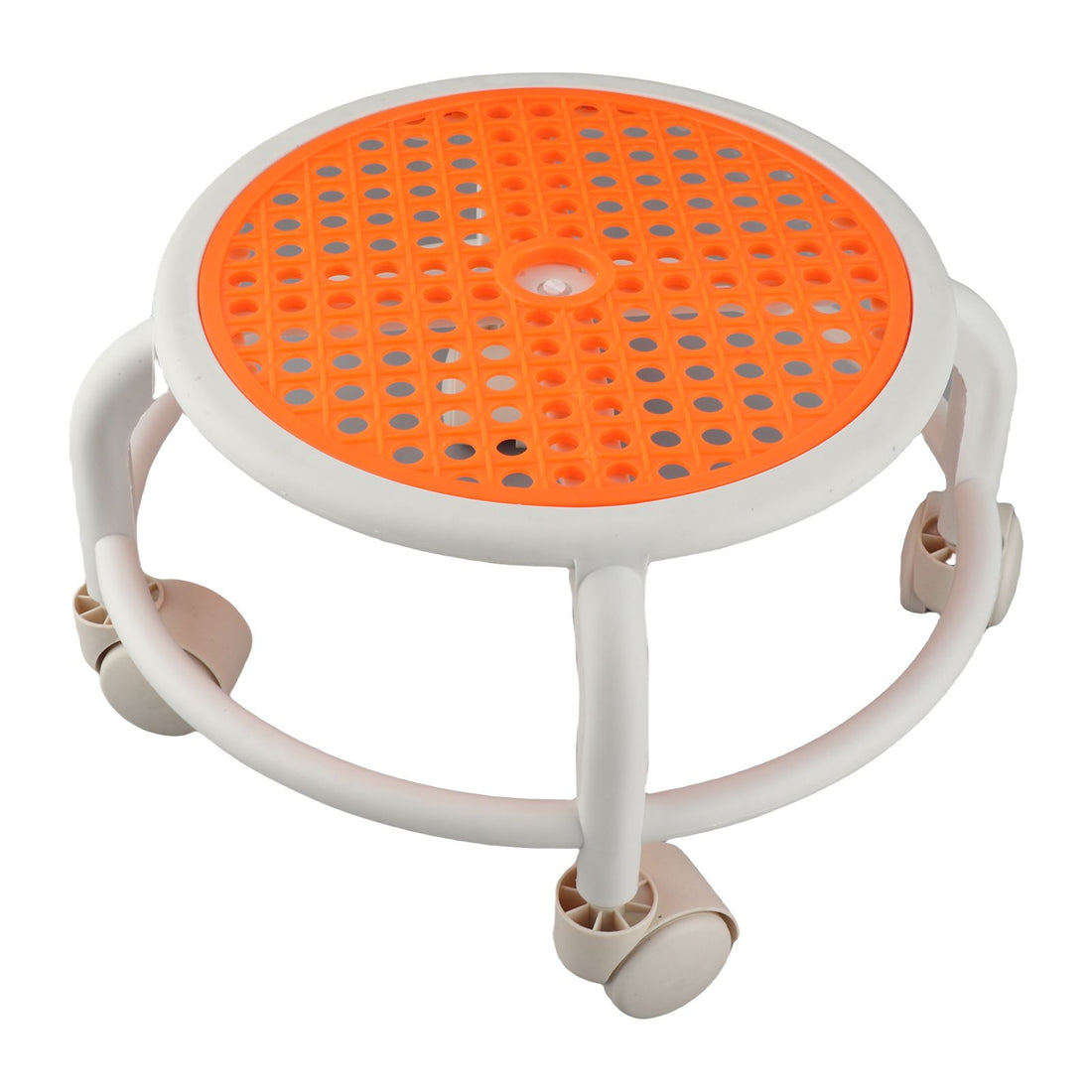 Orange round rolling low stool by Everything Baby with universal wheels, compact, comfortable, and high weight capacity for kid's furniture.