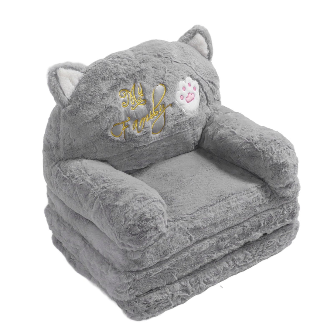 Grey kids sofa featuring a cute cartoon cat design, convertible armrest chair and fold-out bed for napping, playing, and sleeping.