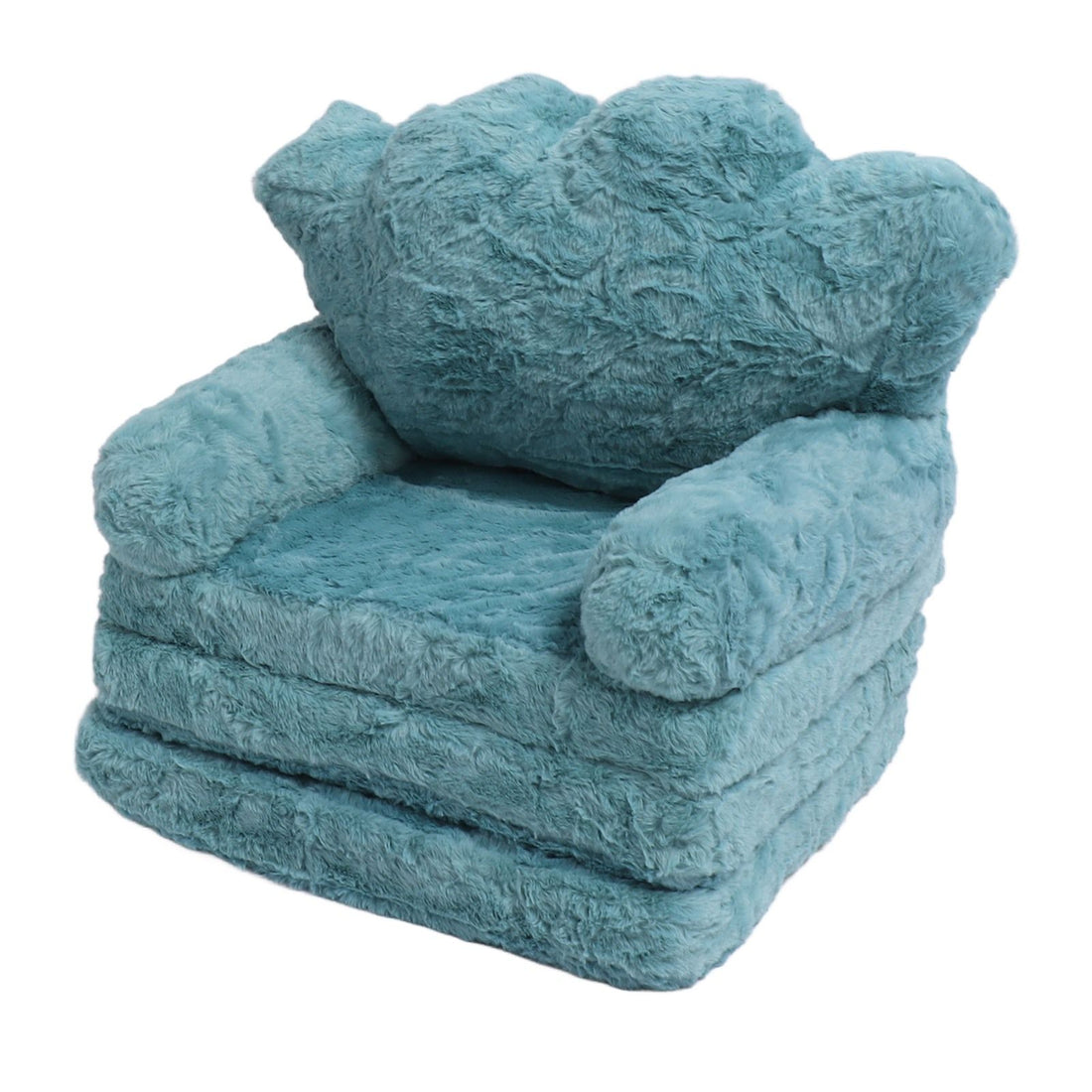Green fold-out flip out chair for kids, soft and comfortable with a crown design, ideal as a kids' sofa for home or school use.