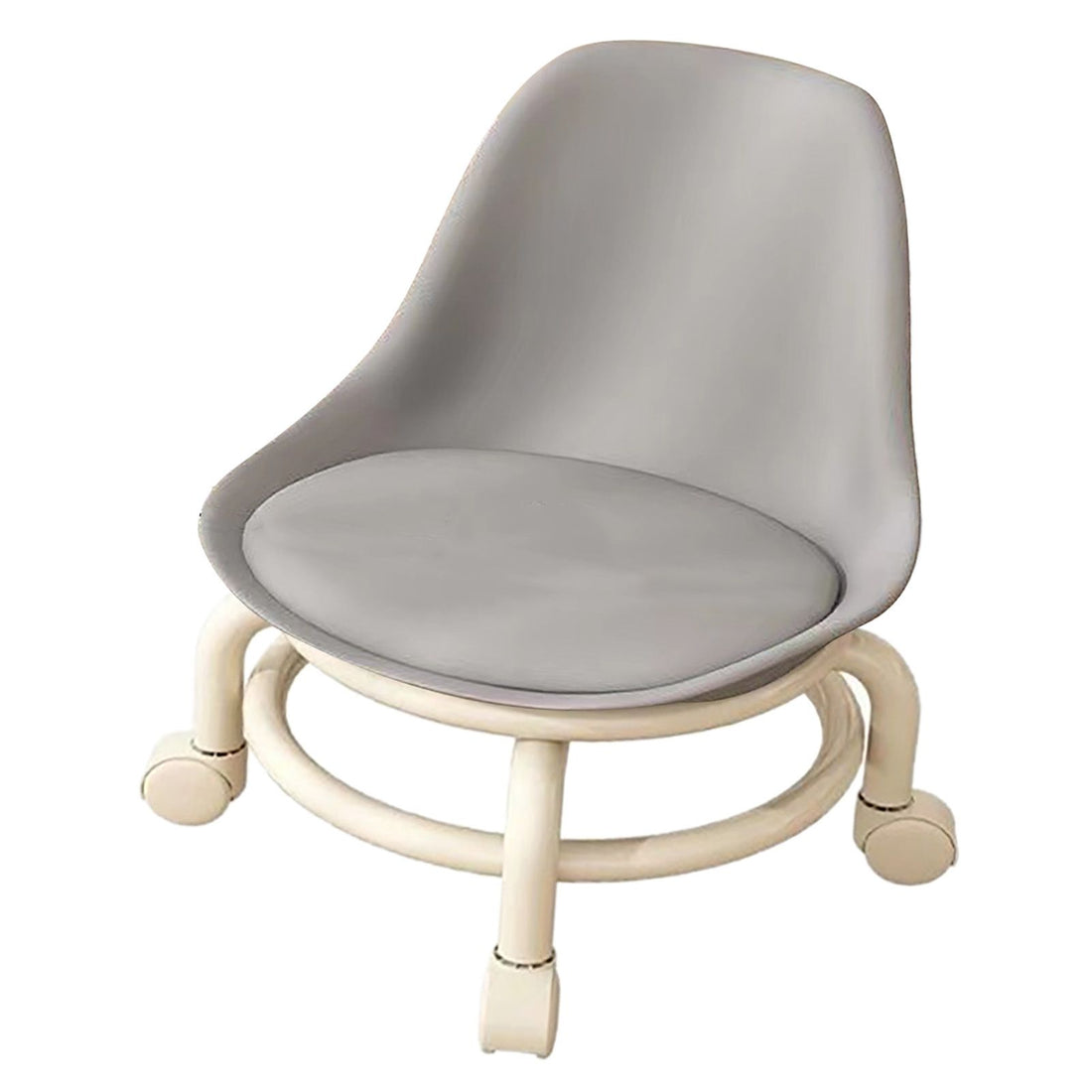Gray kids' low rolling stool with backrest, universal wheels, designed for children’s furniture and seating.