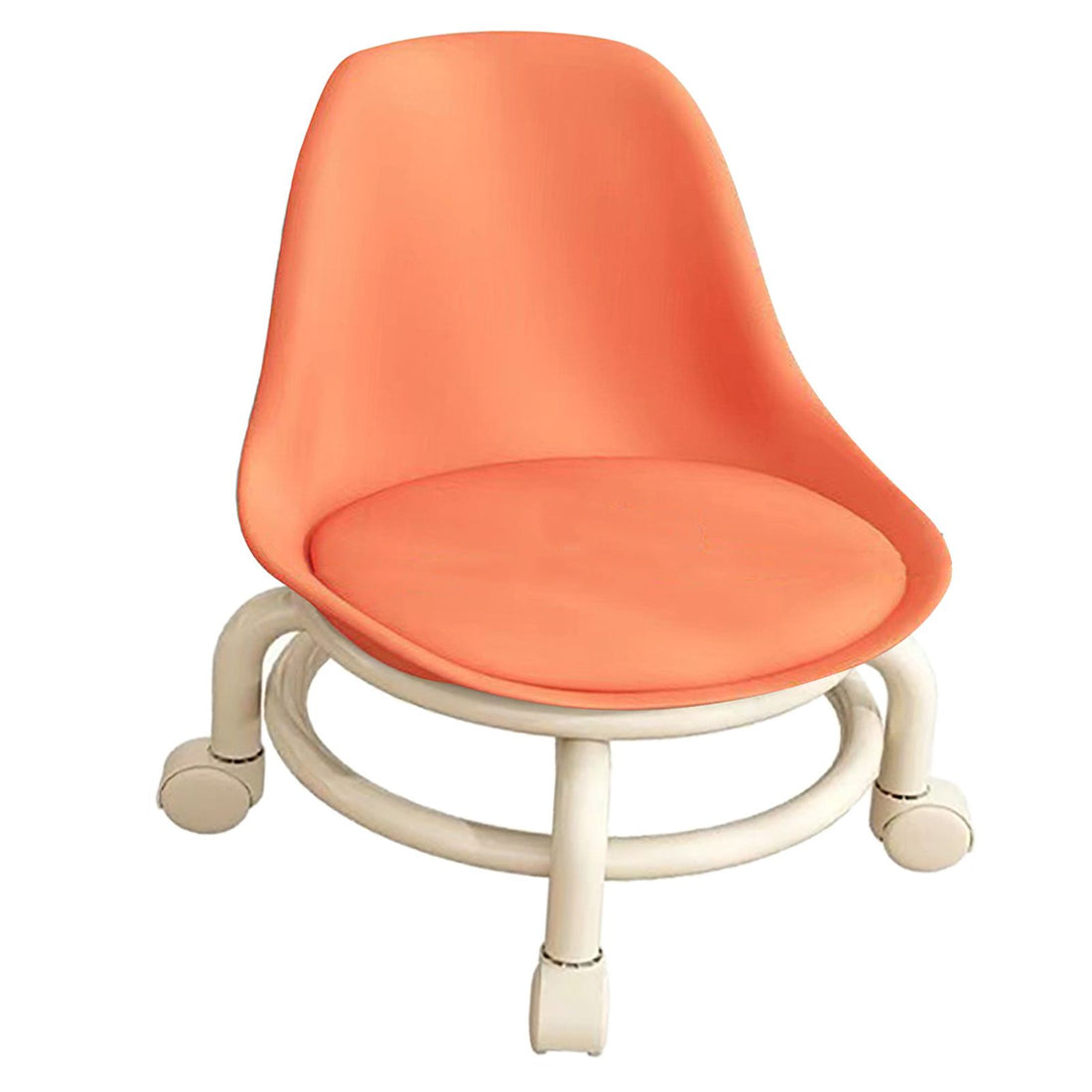 Orange kids' low rolling stool with backrest and universal wheels, suitable for children's furniture and step stool use.