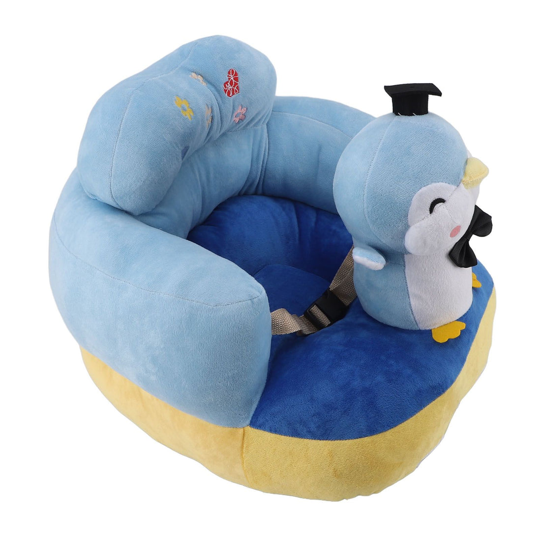 Blue plush baby seat sofa by Everything Baby, adjustable toddler chair with anti-fall design and portable, comfortable seating.