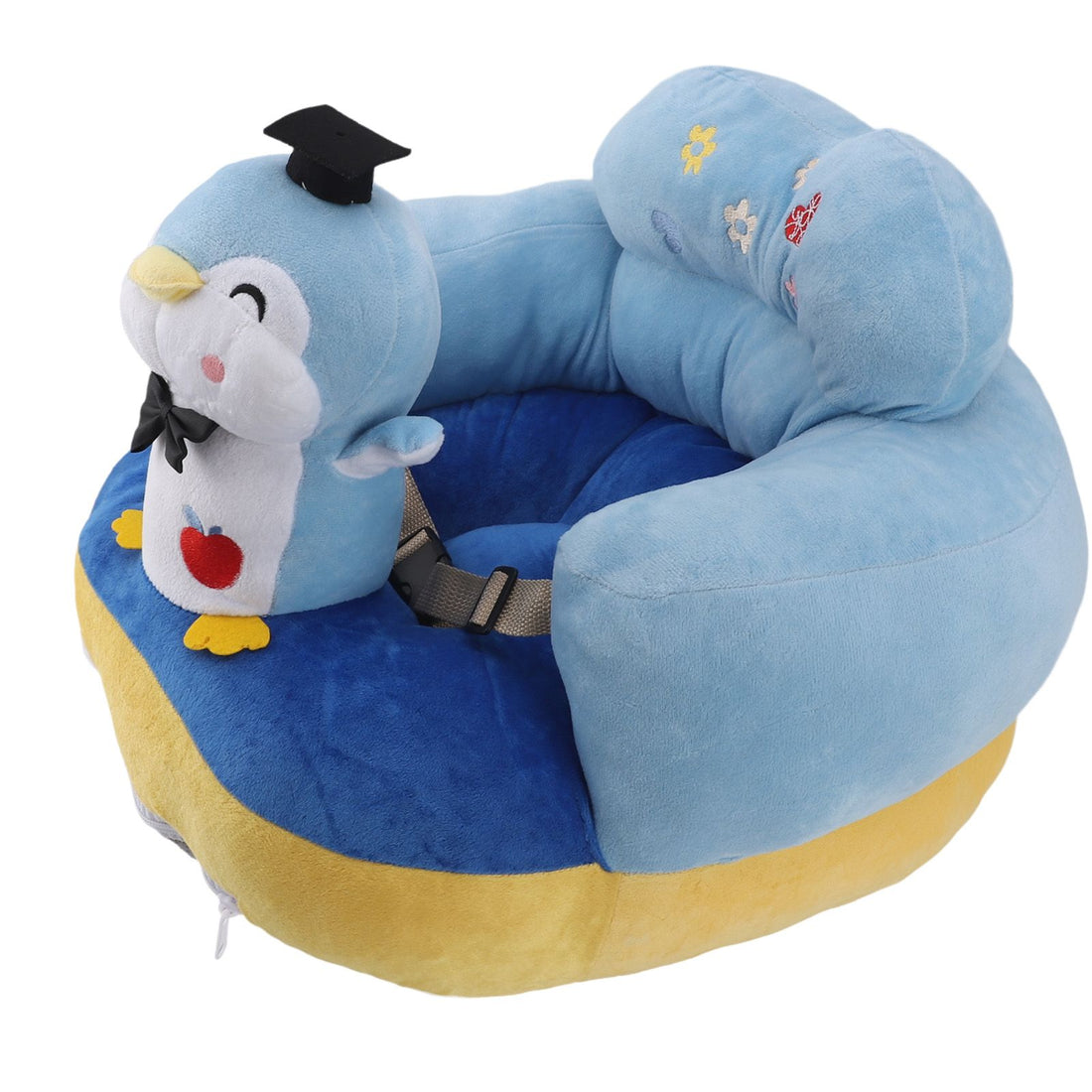 Blue plush cartoon penguin baby support seat from Everything Baby, adjustable and stable for children learning to sit at home.