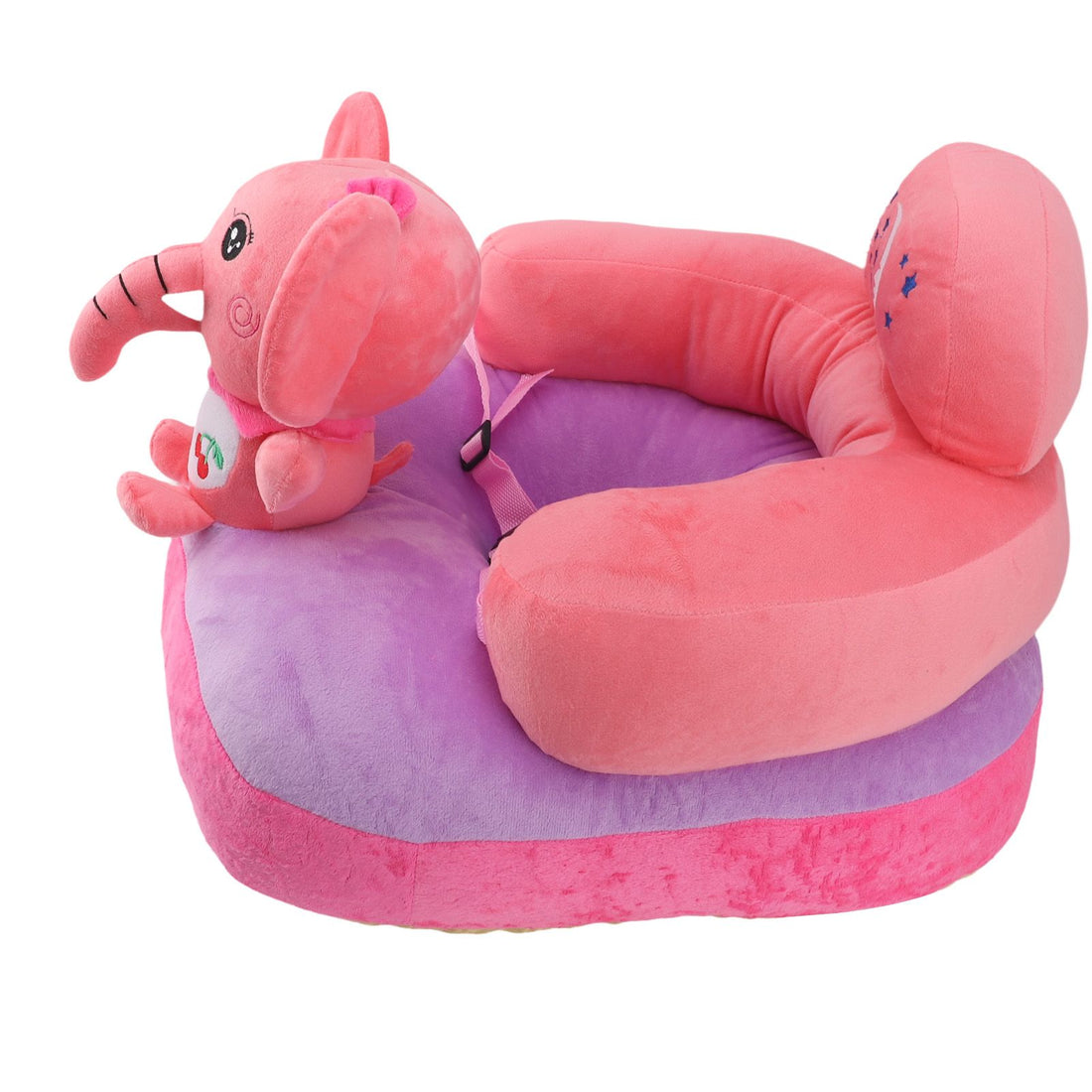 Plush cartoon baby support seat featuring an elephant design, adjustable and stable for children learning to sit at home.
