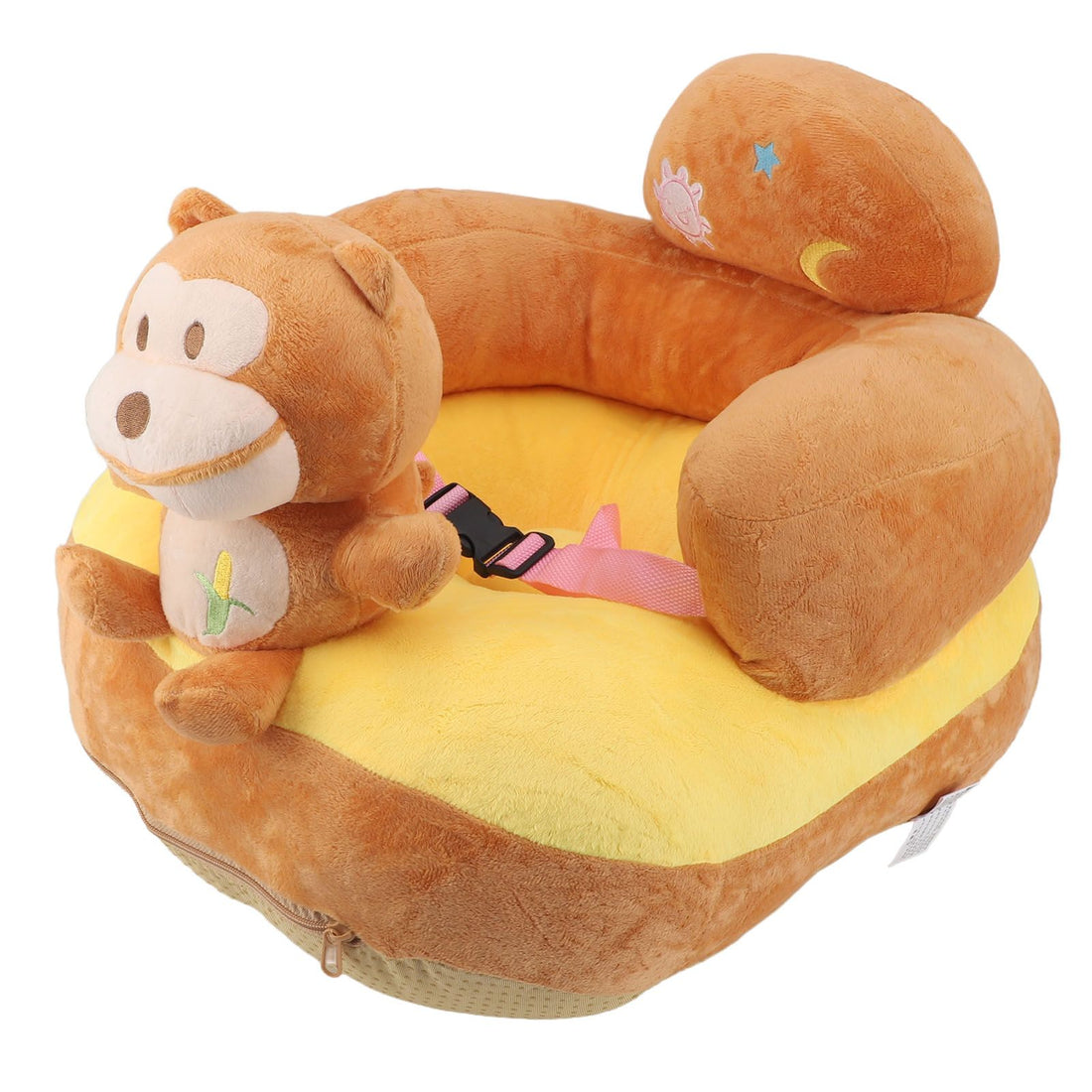 Comfortable portable baby sitting sofa chair for infants and toddlers with plush fabric, anti-rollover design, light feature, and monkey motif.