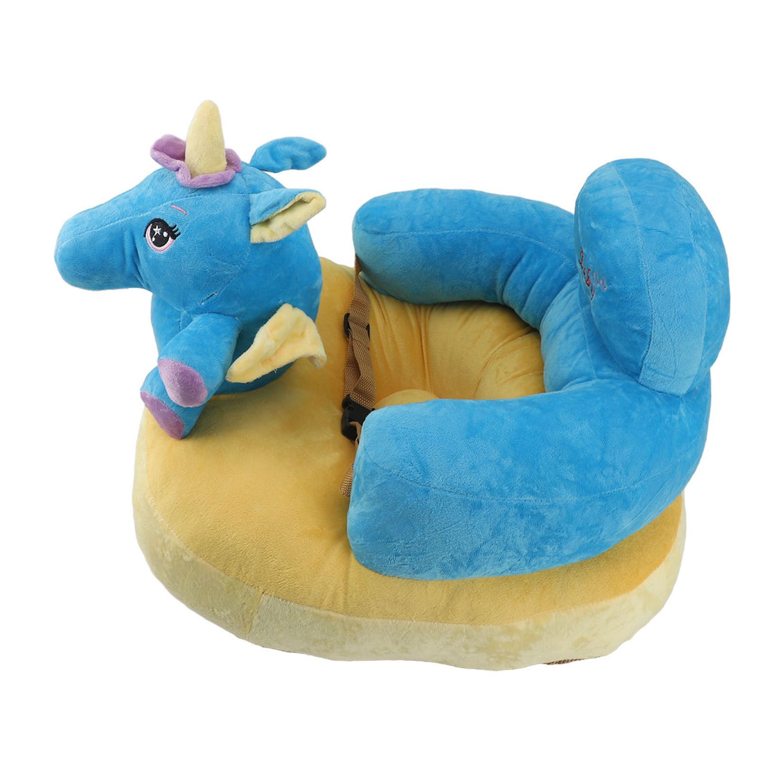 Blue plush baby support seat in animal shape with adjustable straps, soft and slip-resistant for comfortable sitting learning.