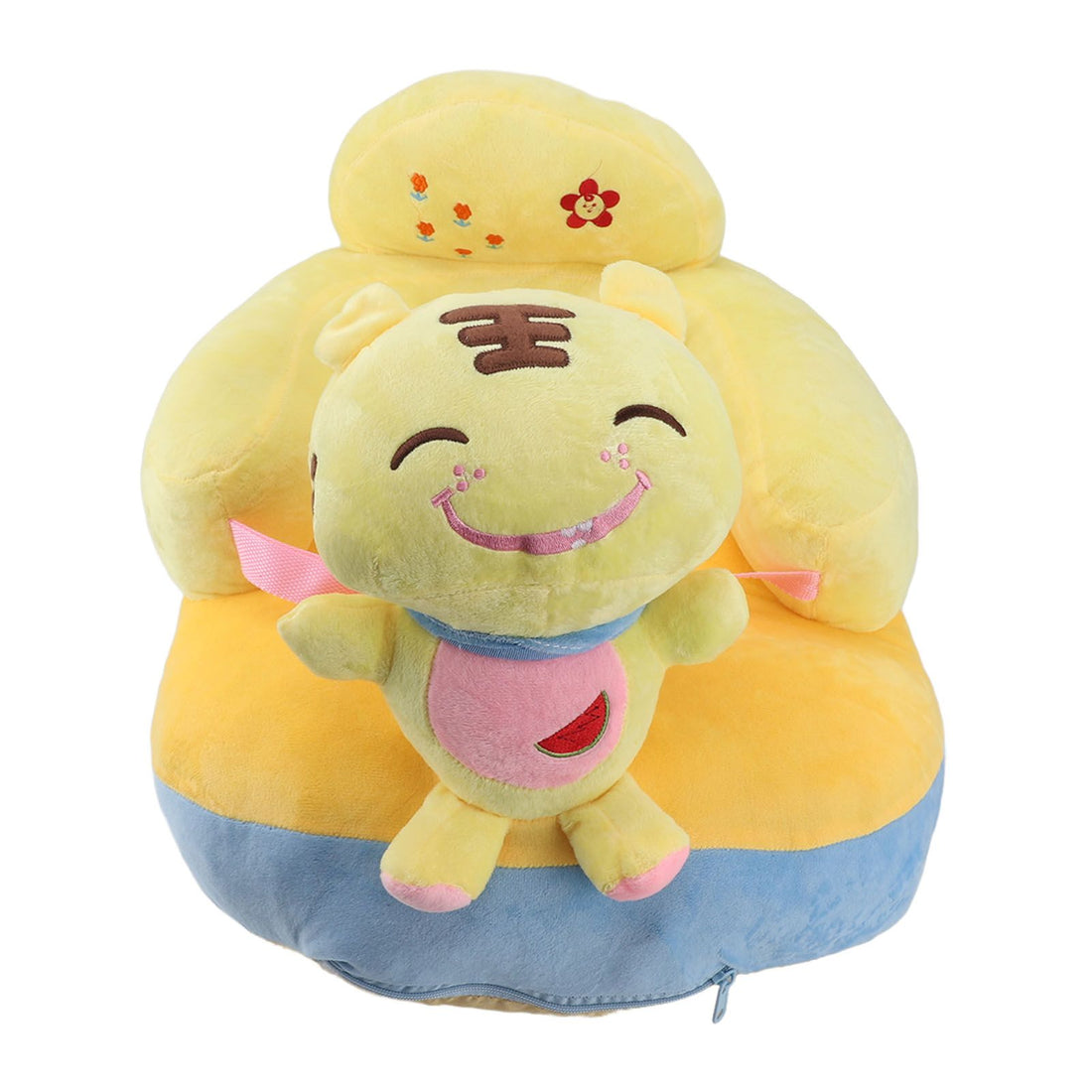 Cute plush baby support seat in tiger shape with adjustable straps, soft fabric, and non-slip bottom for safe sitting and learning.
