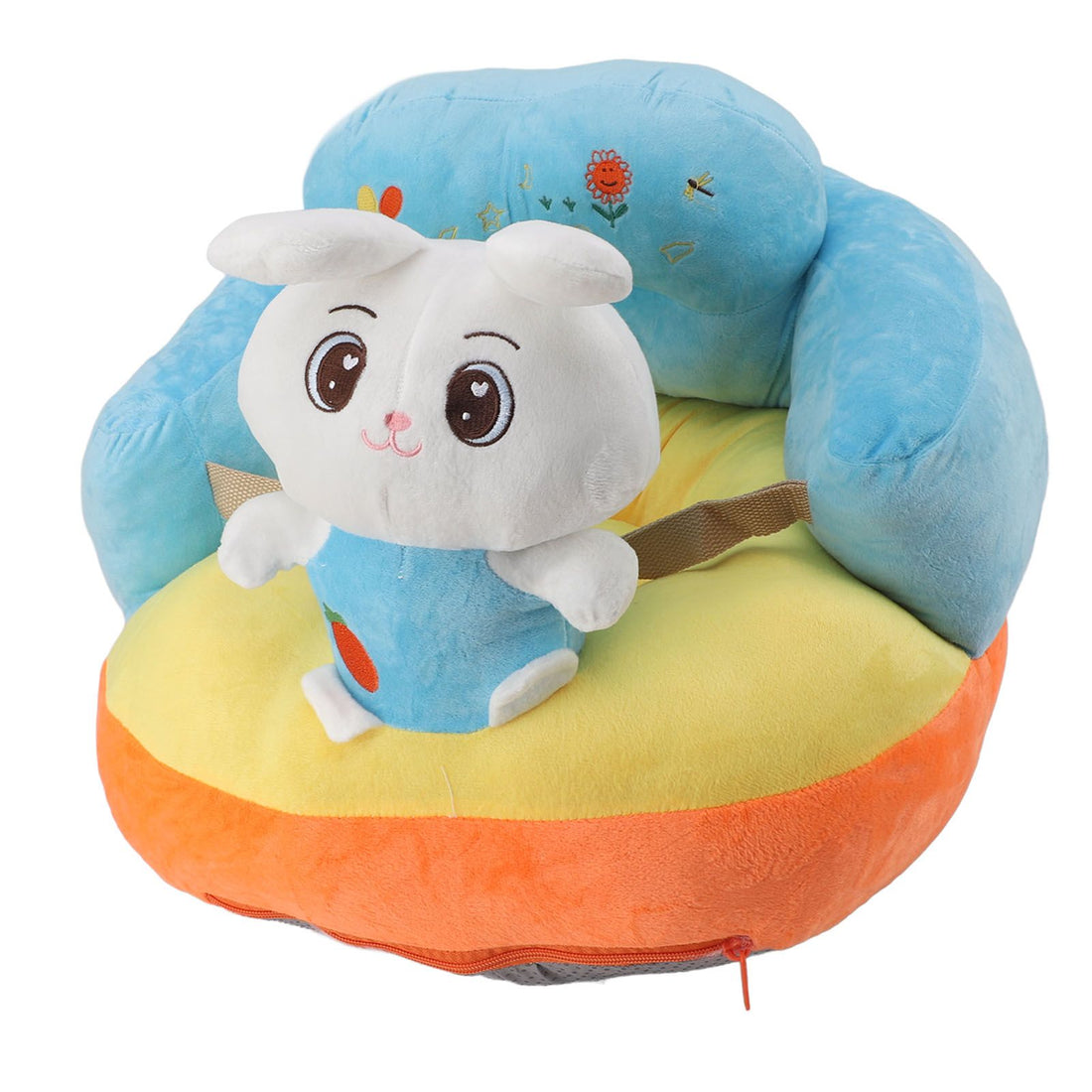 Soft plush baby support seat in cute rabbit shape with adjustable straps, designed for comfortable, slip-resistant sitting support for kids