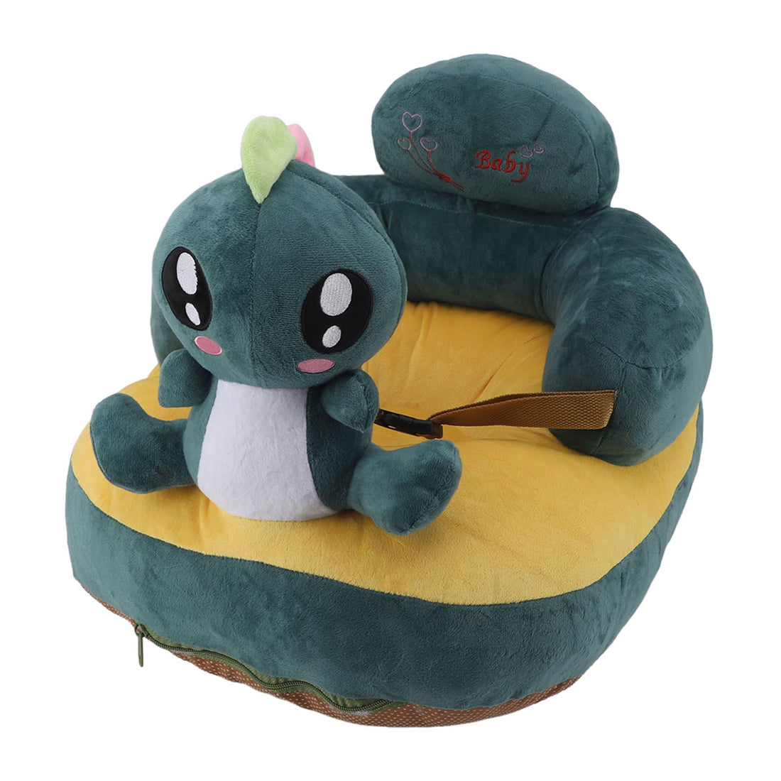 Green dinosaur baby support seat from Everything Baby, plush and comfortable, with adjustable height and slip-resistant bottom for learning sitting