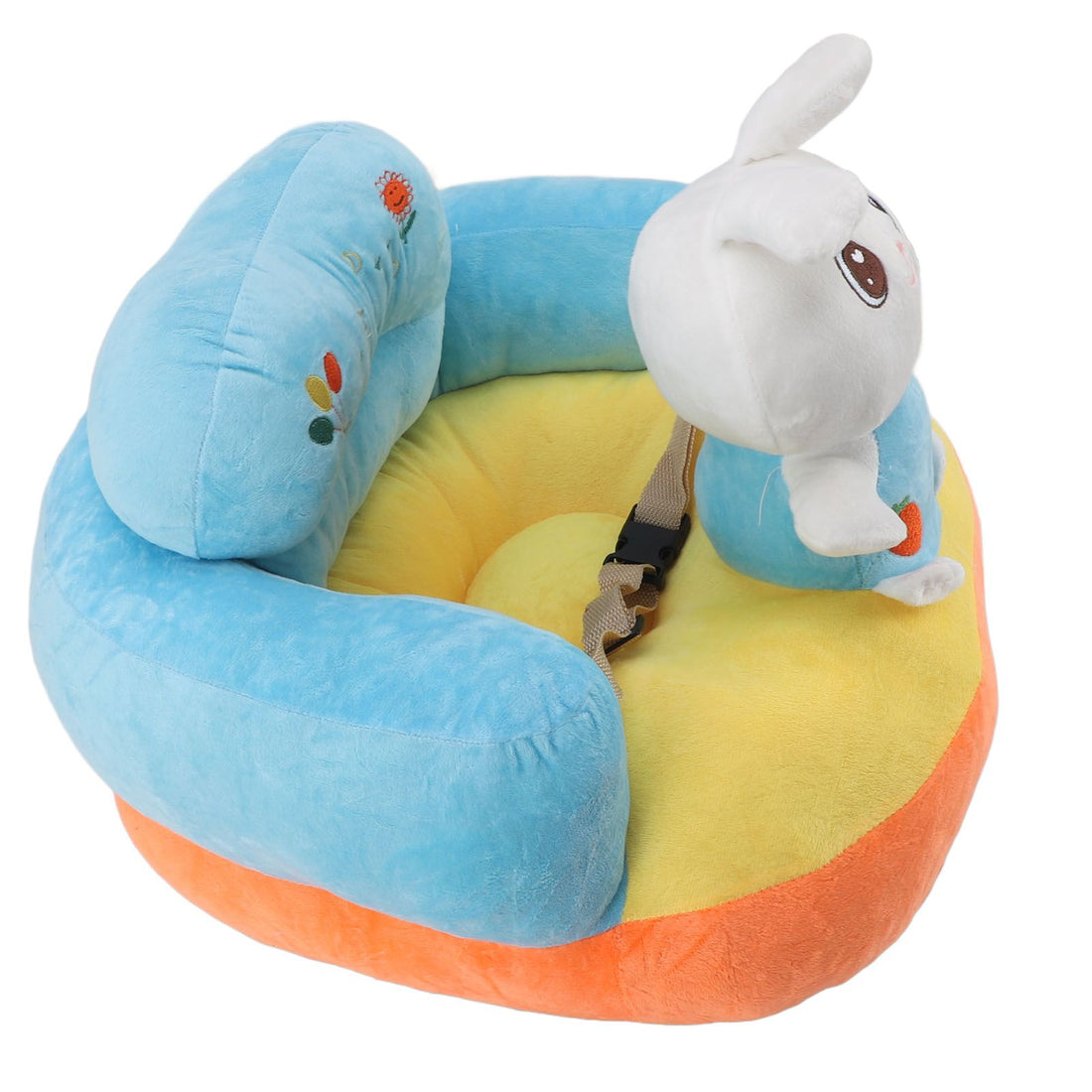 Soft plush baby sitting chair with adjustable angle, portable design, safe for toddlers, featuring bunny-themed support seat.