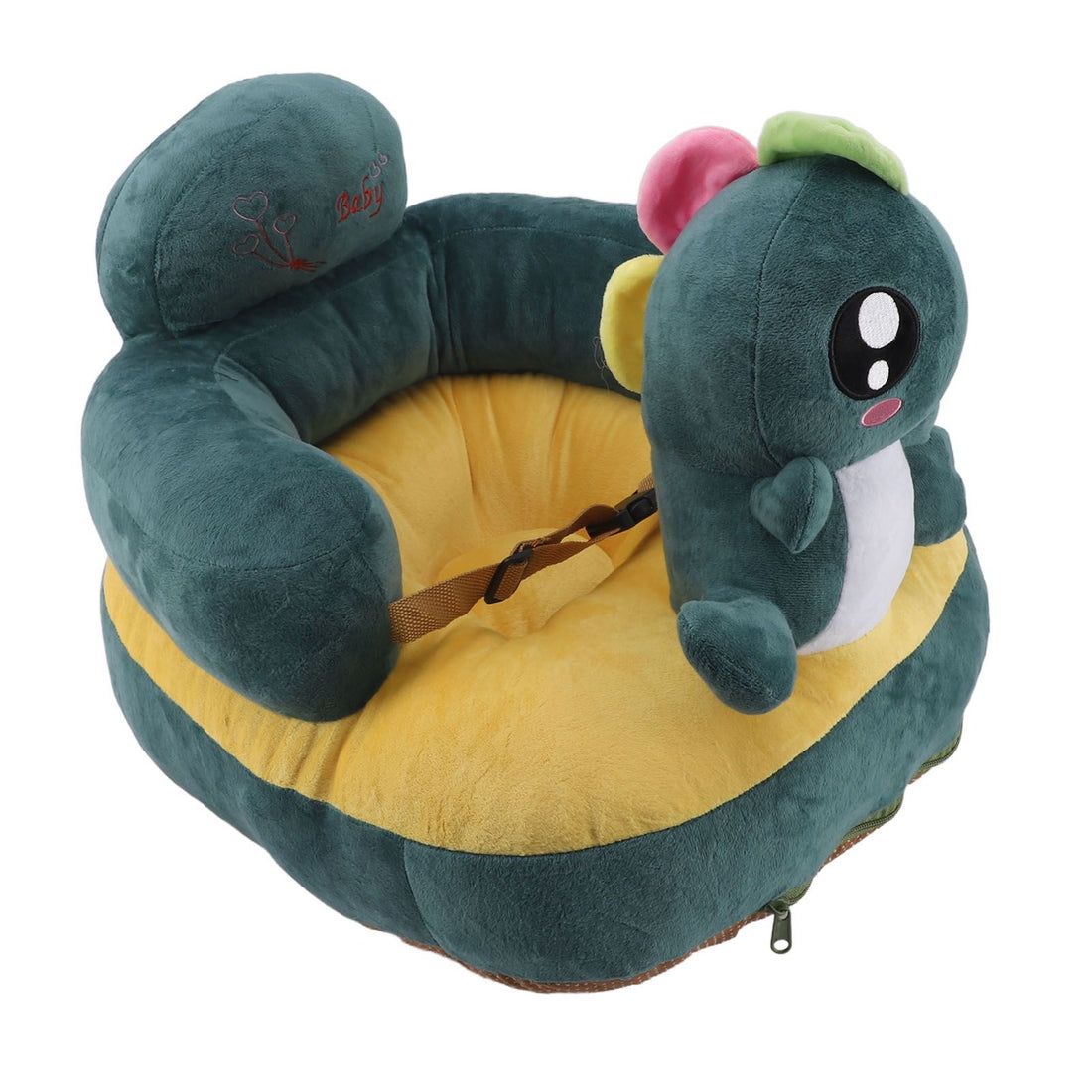 Green dinosaur baby sitting chair from Everything Baby, adjustable angle, soft plush seat, portable and fall-preventing support.