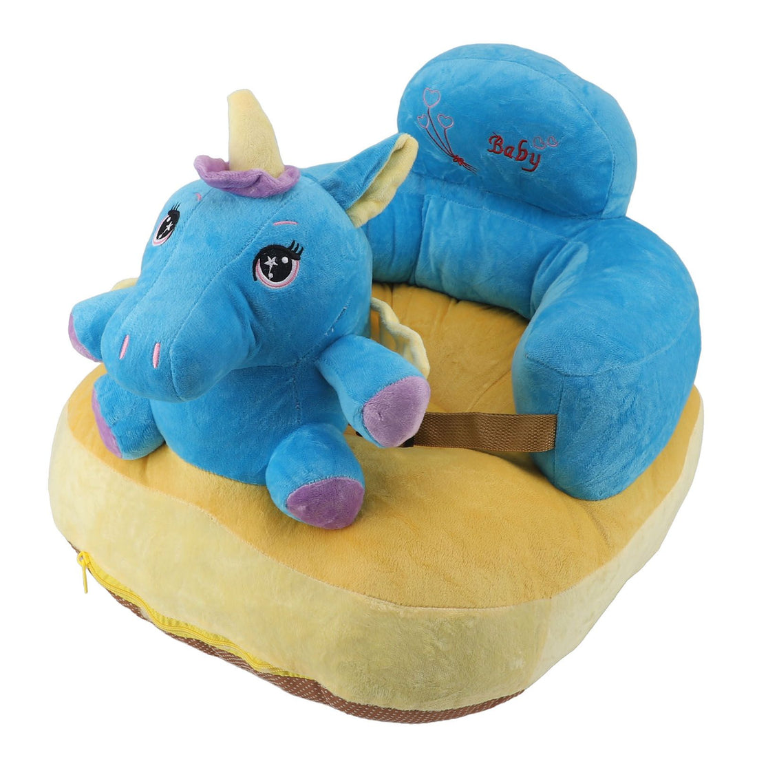 Baby support seat sofa by Everything Baby with plush blue horse pattern, adjustable angle, Bluetooth, and comfortable indoor seating for kids.