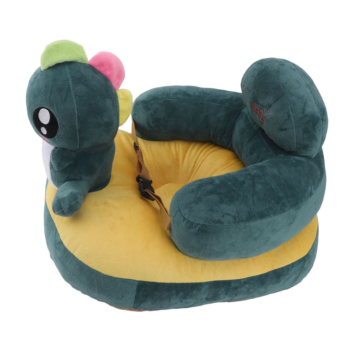Green dinosaur-patterned baby support seat sofa with plush fabric, adjustable angle, and Bluetooth function for indoor use.