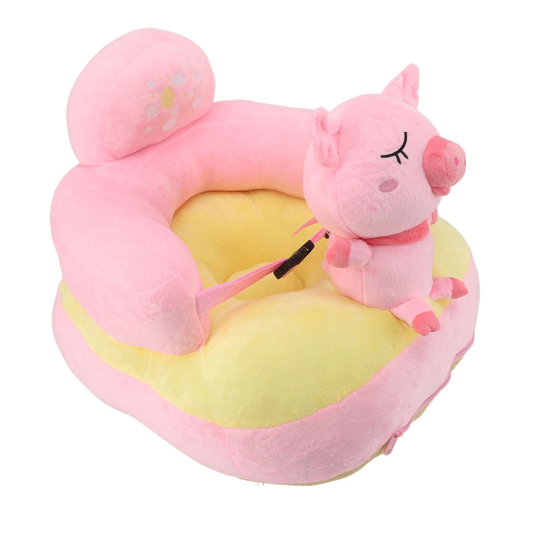 Cute plush baby sofa chair featuring a pig cartoon design, adjustable angle, suitable for toddlers learning to sit.