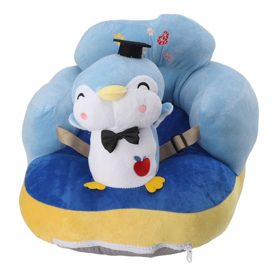 Blue plush baby sitting support seat with anti-fall design, ergonomic for learning to sit, from Everything Baby.