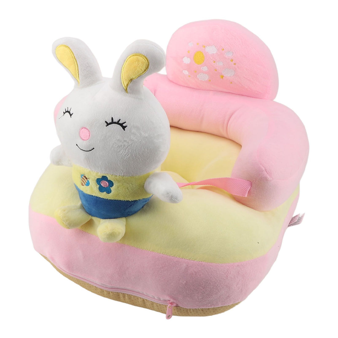 Plush baby sitting support seat by Everything Baby with anti-fall design, for indoor and outdoor use, featuring a rabbit shape.