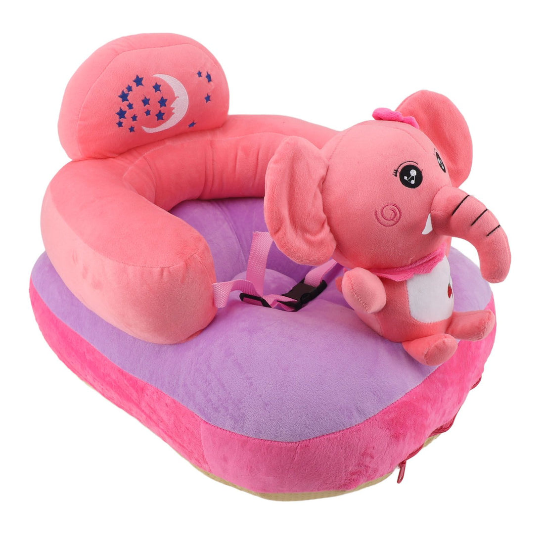 Baby support seat sofa by Everything Baby with plush fabric, adjustable angles, Bluetooth function, elephant design for indoor use.