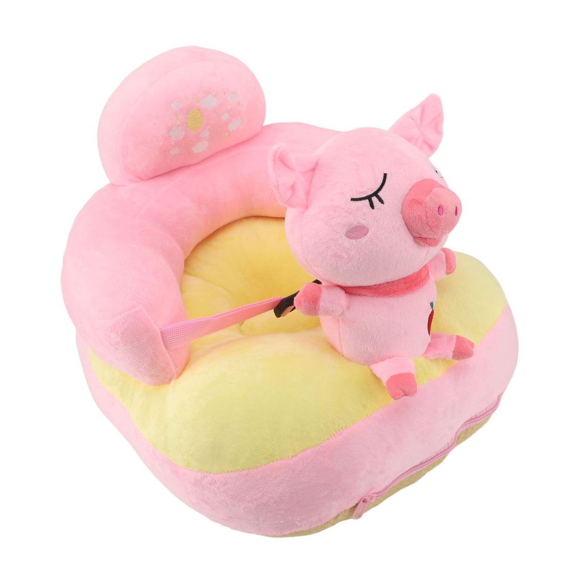Pink baby support seat sofa by Everything Baby with plush cushion, adjustable angles, Bluetooth function, ideal for indoor use.