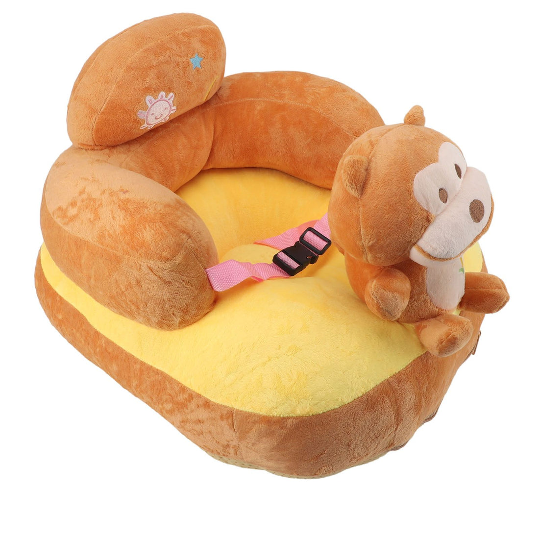 Soft plush baby support seat sofa from Everything Baby, adjustable angles, Bluetooth function, ideal for indoor use with monkey design.