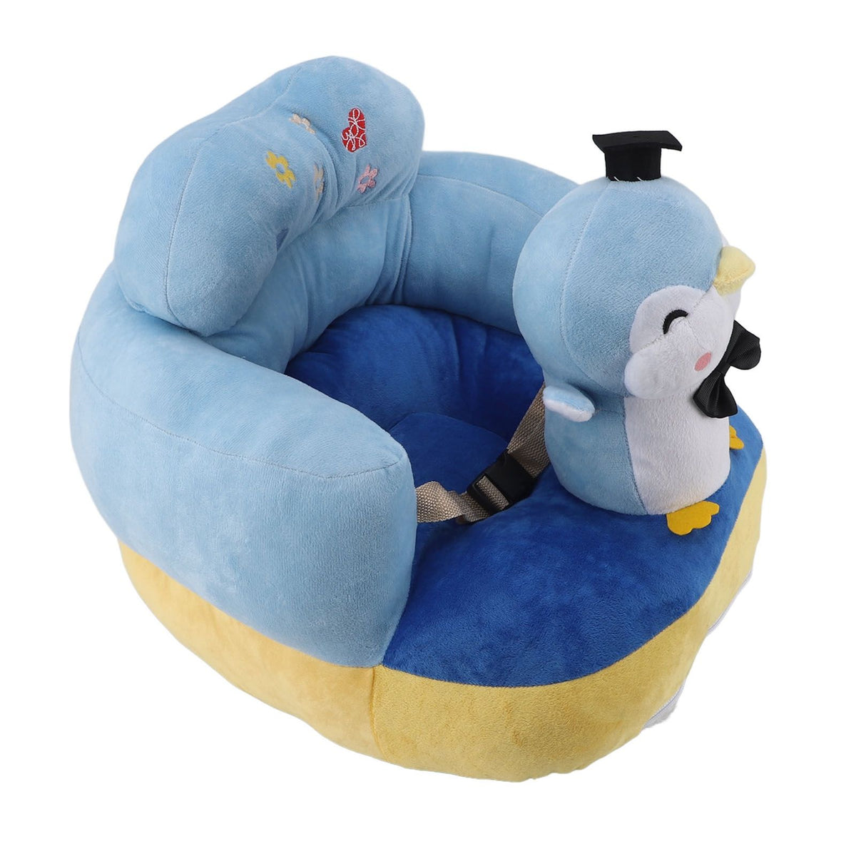 Blue penguin baby sofa chair with plush plush fabric, adjustable seat, and cartoon animal design for toddlers learning to sit.