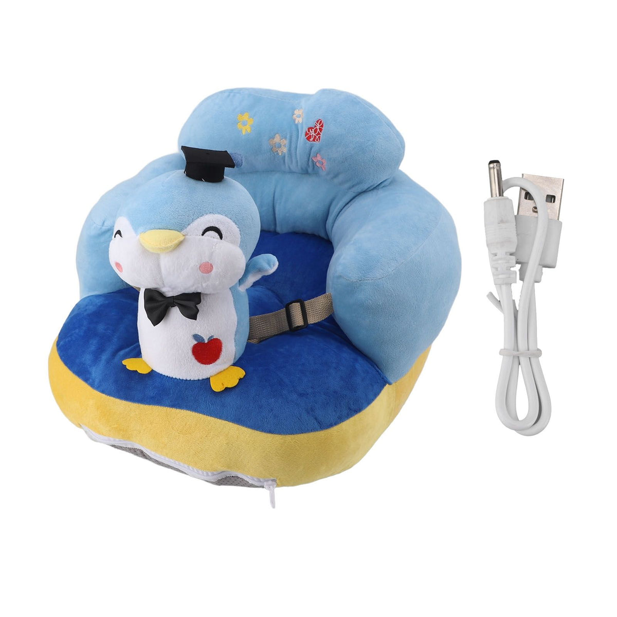 Blue penguin baby sofa chair with plush plush cartoon animal design, adjustable toddler seat with USB support, ideal for learning to sit.