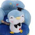 Blue penguin baby sofa chair with plush cartoon animal design, adjustable toddler seat with USB cable support for boys and girls.