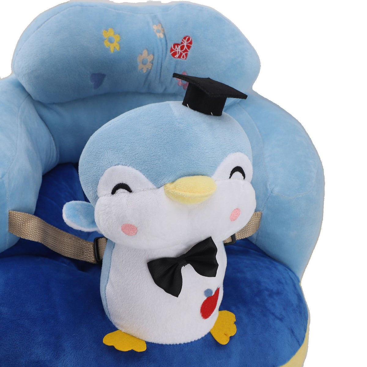 Blue penguin baby sofa chair with plush cartoon animal design, adjustable toddler seat with USB cable support for boys and girls.