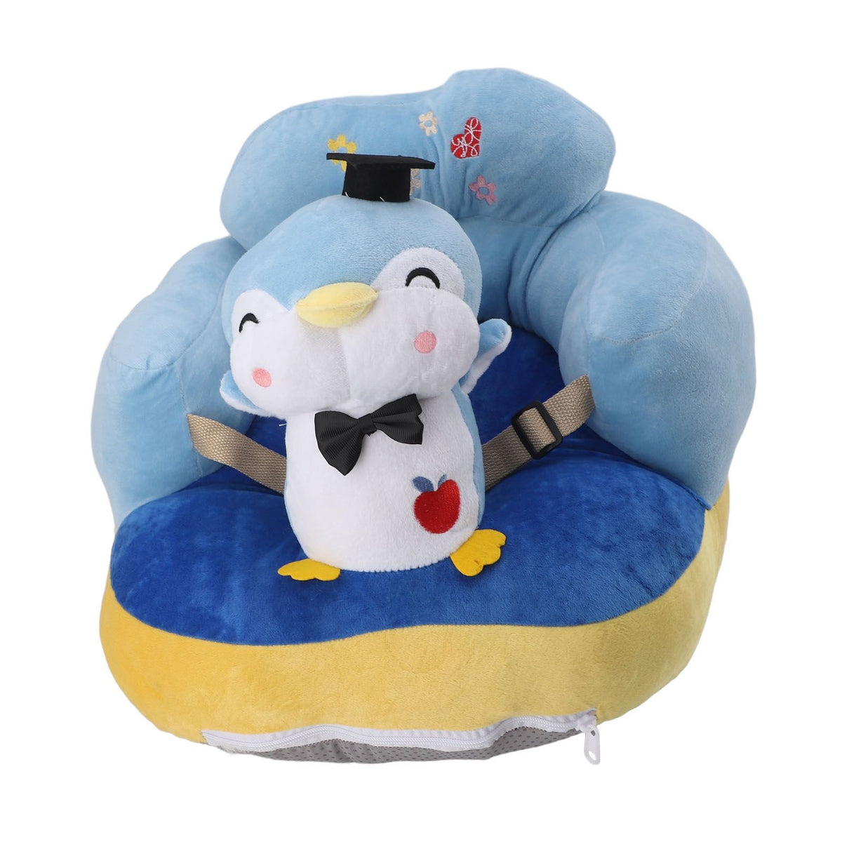 Blue Penguin baby sofa chair by Everything Baby, plush cartoon animal seat with adjustable support for toddlers learning to sit up.