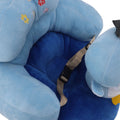 Blue penguin baby sofa chair with plush plush material, adjustable seat, cartoon animal design, for toddlers learning to sit up.