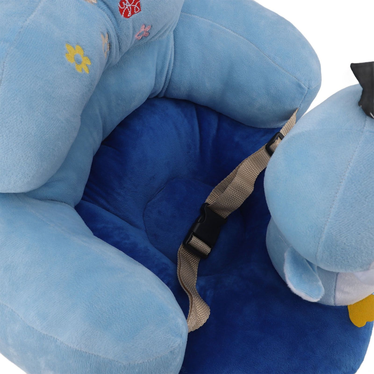 Blue penguin baby sofa chair with plush plush material, adjustable seat, cartoon animal design, for toddlers learning to sit up.